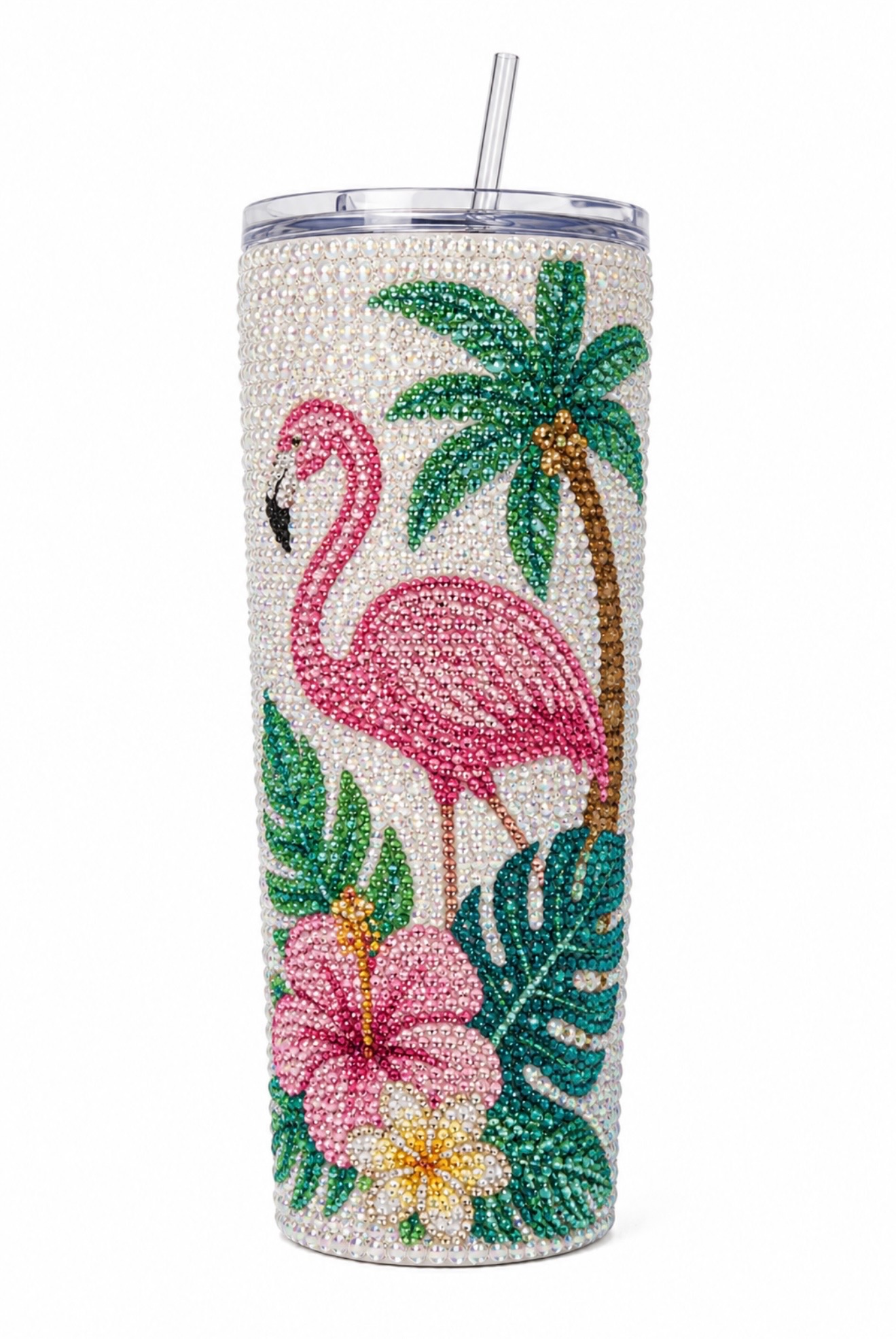 Pink flamingo tropical rhinestone tumbler